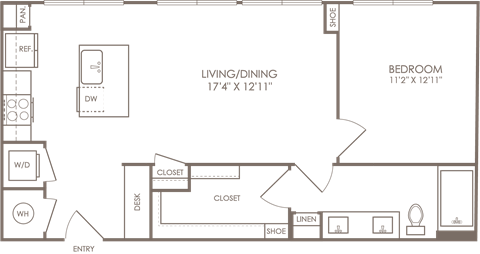 Floor plan for 1 bed, 1 bath, 791 sqft